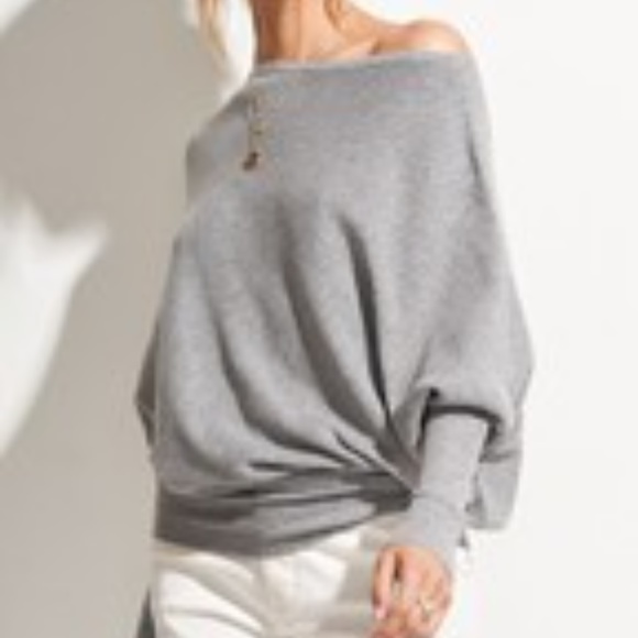 Off The Shoulder Knit Slouchy Sweater Grey - Picture 3 of 3